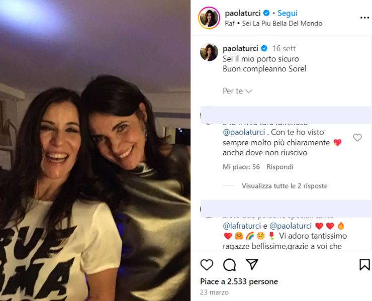 Paola Turci auguri sorella Francesca 